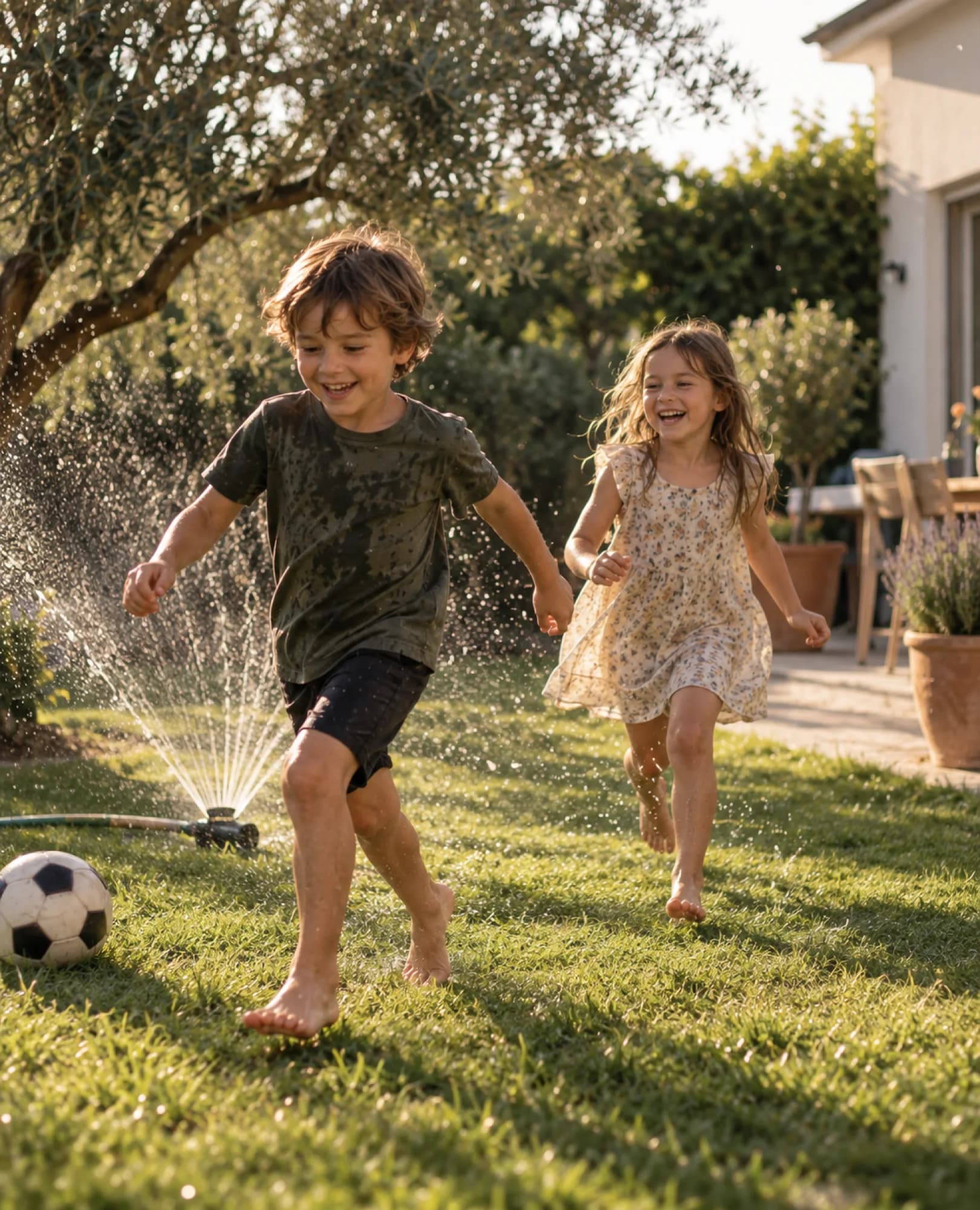 Twee kinderen rennen lachend op blote voeten door de tuinsproeier op het gras, met een voetbal, een olijfboom en lavendel bij het terras
